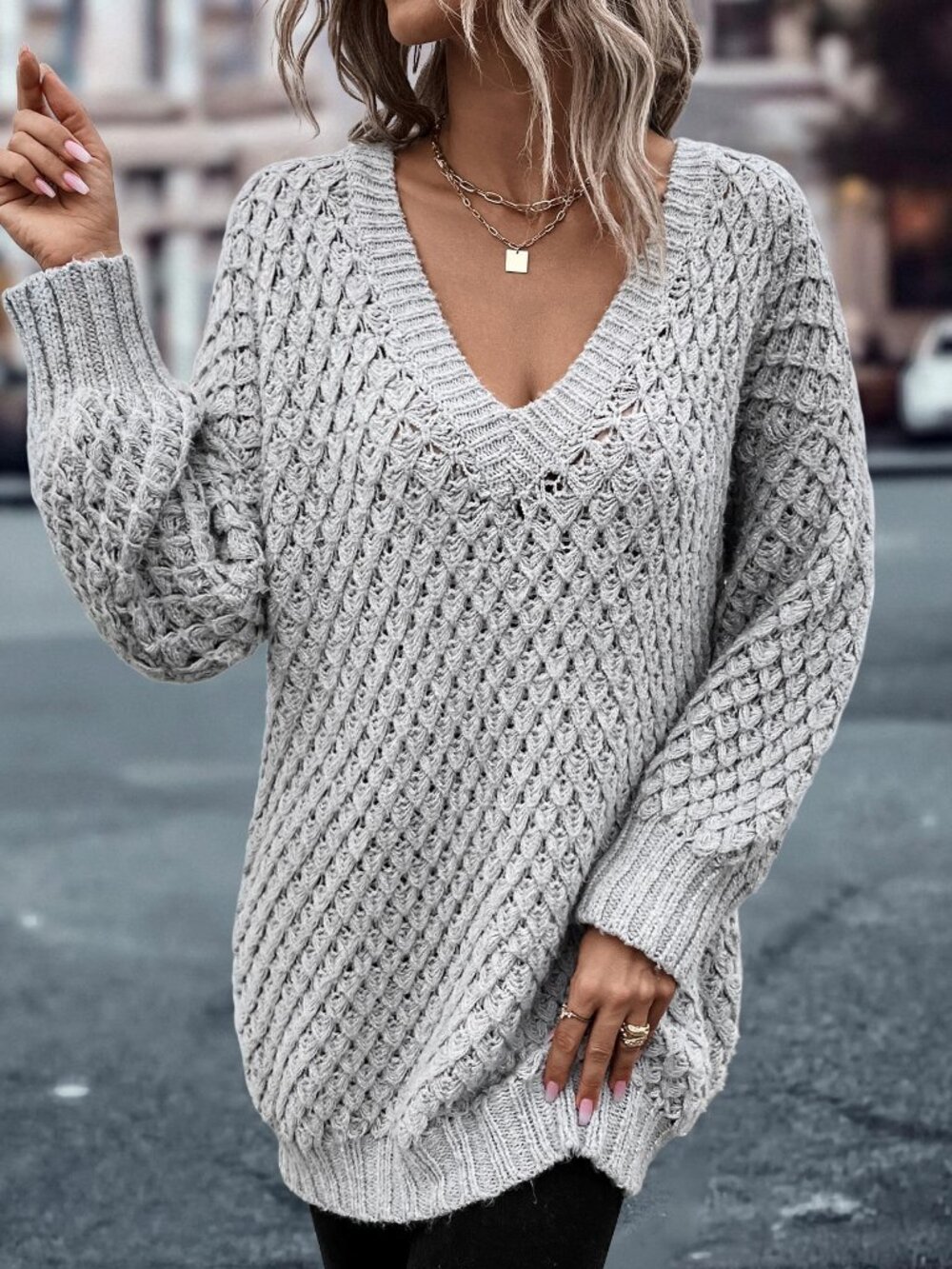 Light Grey Casual Women's V Neck Drop Shoulder Sweater